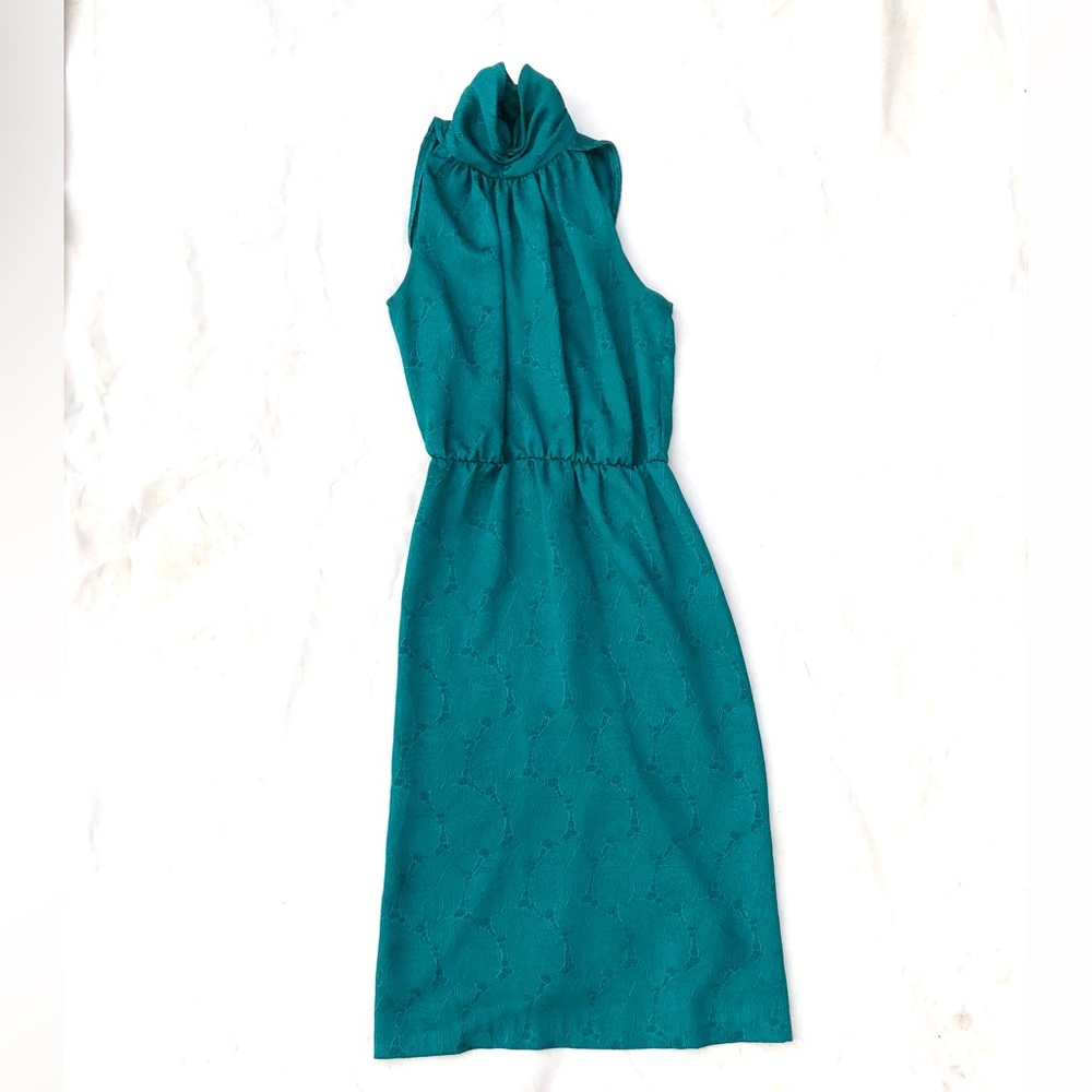 Green Brocade dress with high gathered collar